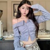BXOXO French fashion and elegant long-sleeved off-shoulder striped shirt women tops unique casual one-shoulder slim short top clothing